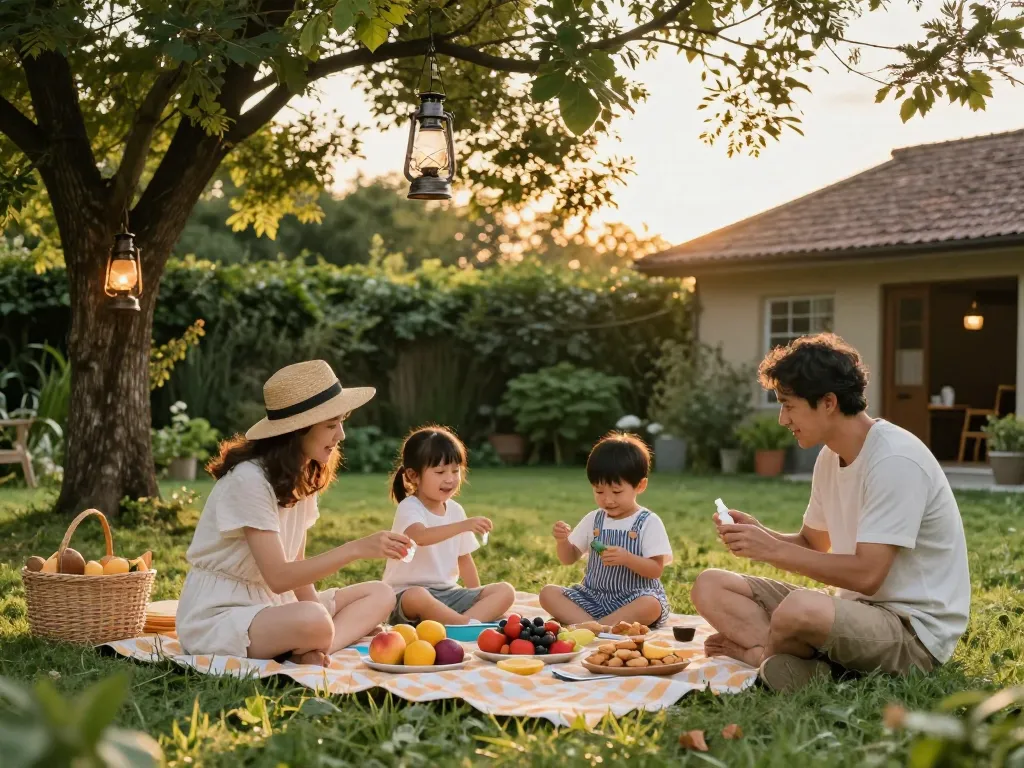 Family applying mosquito repellent while enjoying an outdoor picnic in a vibrant backyard.