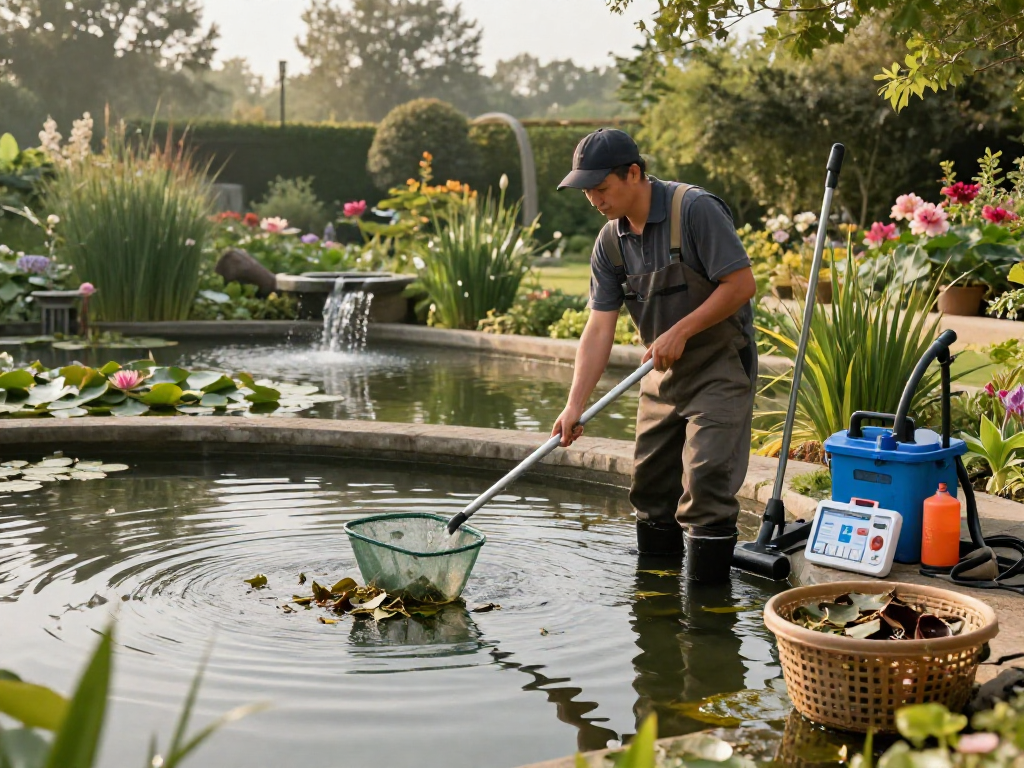 Pond Cleaning Kent service in action, showing a technician cleaning leaves and debris from a tranquil pond with tools in a serene Kent setting.