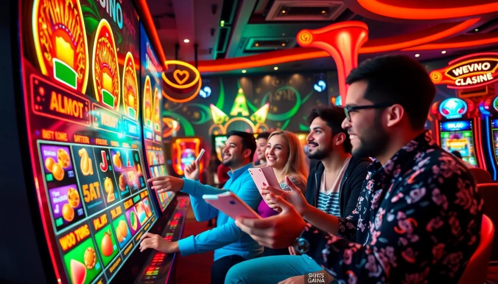 Asialive88 Login game dengan pemain antusias di lingkungan kasino virtual yang cerah.