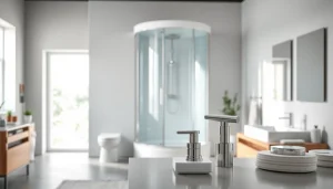 Sonni sanitär Produkte in einem modernen Badezimmer, das eine stilvolle Duschkabine zeigt.