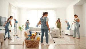 Cleaning Service professionals efficiently cleaning a bright, organized living room space.