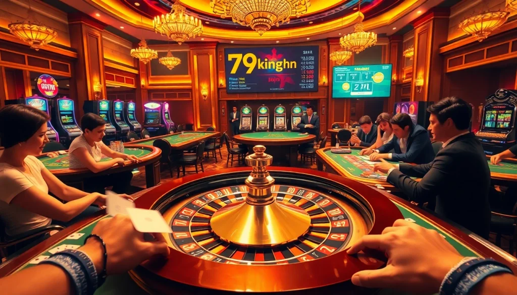 Explore the thrilling atmosphere of 79king hn with players at poker tables, betting chips, and roulette wheels shining.