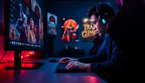 Menggambarkan momen bermain domino88 link alternatif game dengan fokus tinggi dan suasana kompetitif.