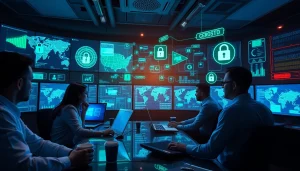 Cybersecurity Services Tampa team collaborating in a modern operations center with digital analytics and threat maps.