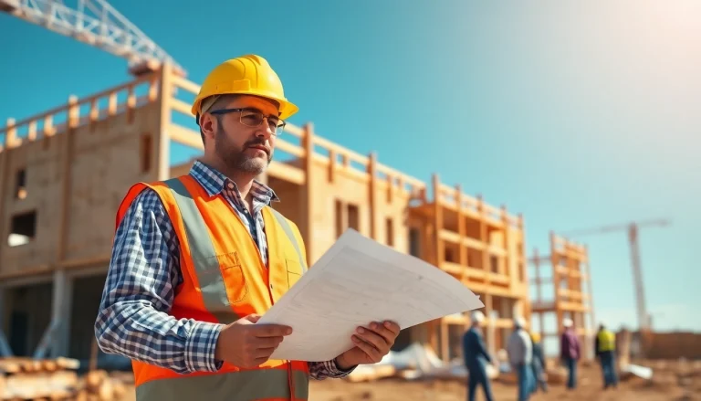 New Jersey General Contractor supervising a busy construction site with workers and blueprints.