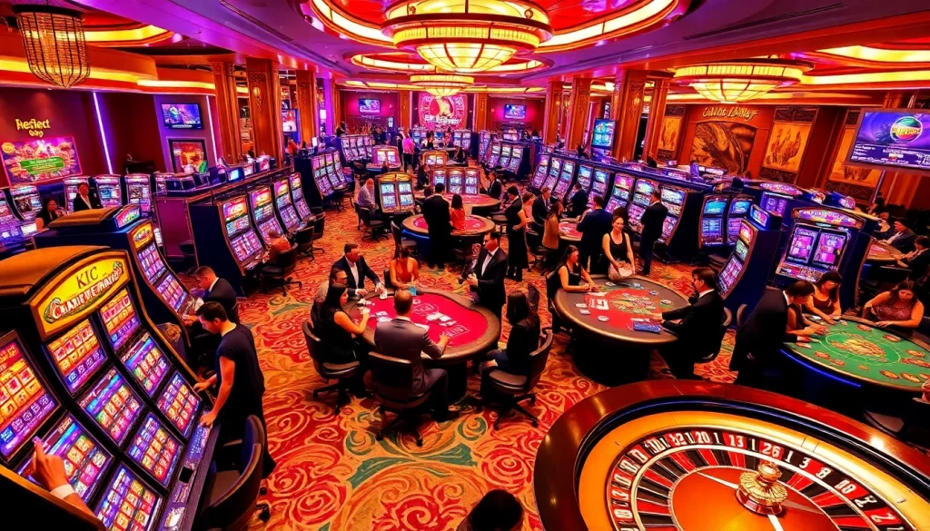 Casino gaming scene featuring KJC brand elements, showcasing vibrant tables and exciting players.