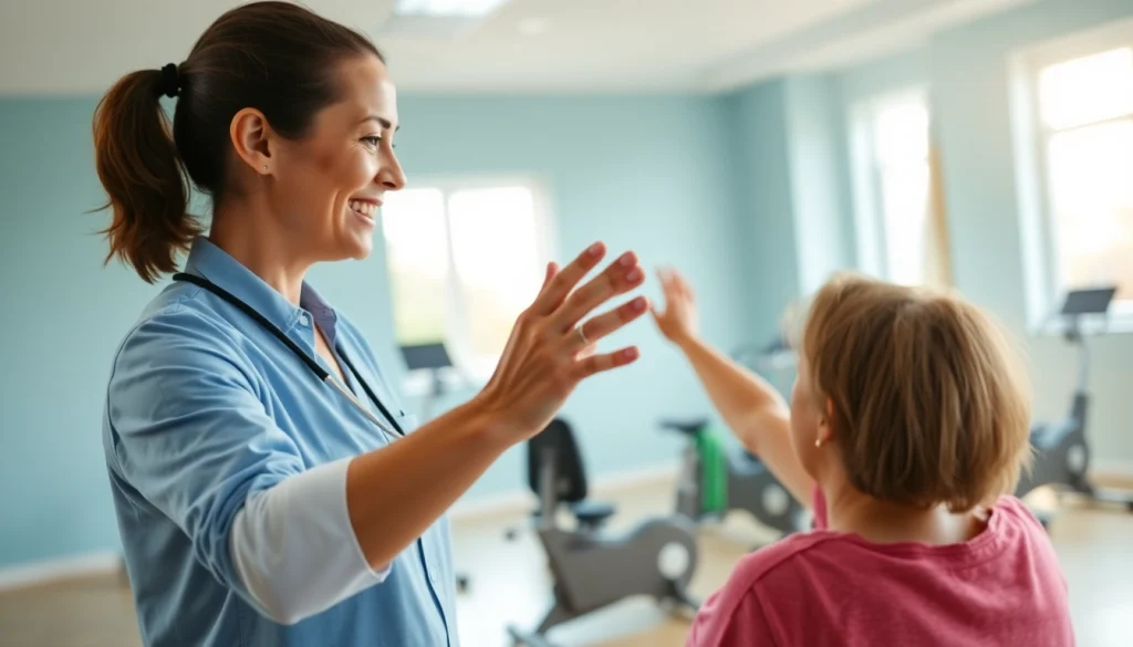 Health in Motion Rehabilitation therapist supports a patient during exercises in a bright, professional gym setting.