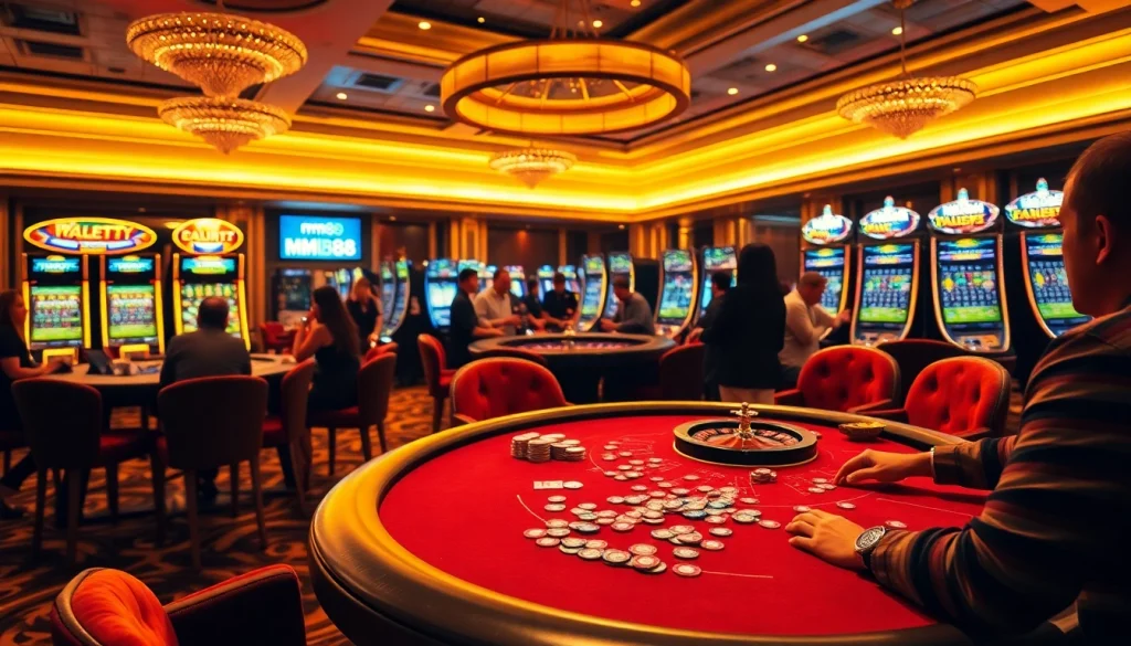 Experience the thrill of mm88 as players compete at a lively poker table in a vibrant casino.