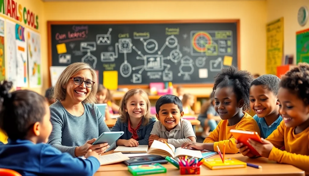 Children engaged in collaborative learning activities in an education-focused classroom setting.