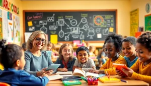 Children engaged in collaborative learning activities in an education-focused classroom setting.