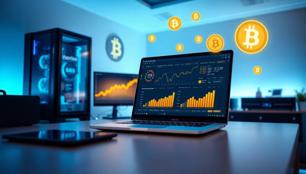 Bitcoin cloud mining concept featuring modern technology and digital currency visuals.