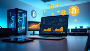 Bitcoin cloud mining concept featuring modern technology and digital currency visuals.