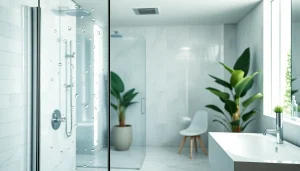 Sonni sanitär GmbH präsentiert hochwertige Badezimmerlösungen mit eleganten Duschwänden.