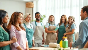 Maid Agency Abu Dhabi showcasing professional maids interacting with families in a modern home.