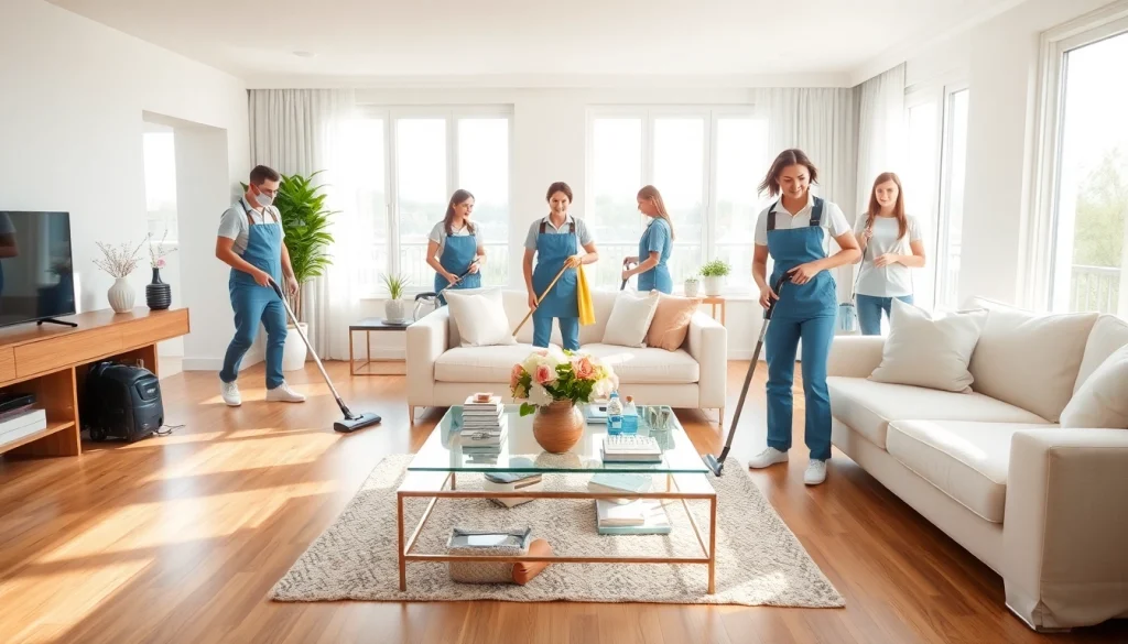 Engaged cleaning service professionals transforming a home into a spotless space with precision and care.