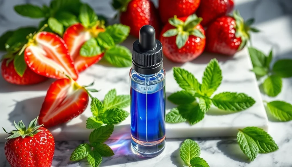 Vaporisierende liquid in einer eleganten Glasflasche mit frischer Minze und Erdbeeren.