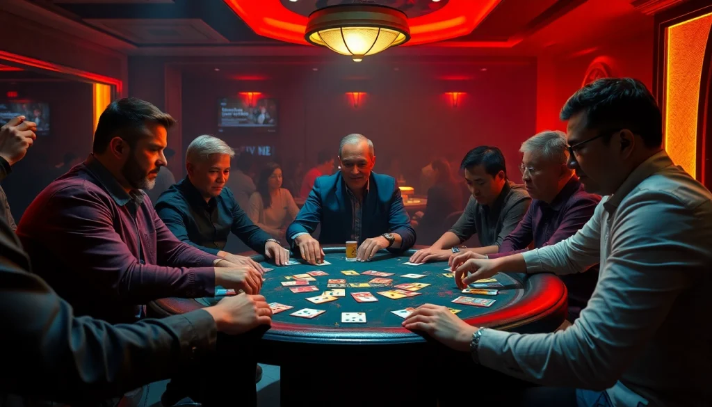 Bandar togel players immersed in an exciting game with colorful chips and cards.