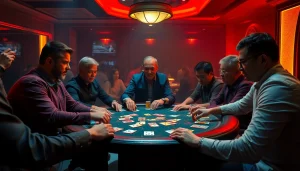 Bandar togel players immersed in an exciting game with colorful chips and cards.