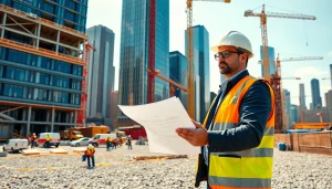 New York Construction Manager leading a construction site with cranes and workers, showcasing urban development.