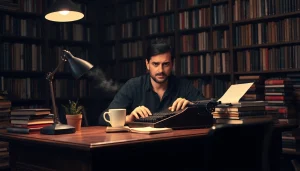 Capture an action thriller author crafting stories in a cozy, mysterious workspace.