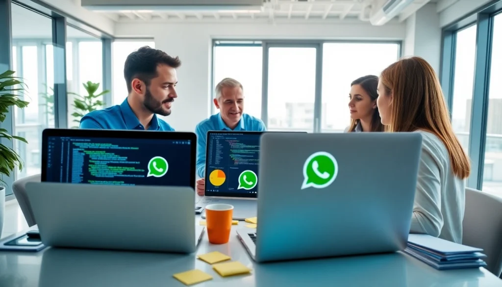 Visualizing a collaborative team discussing the whatsapp business api in a bright office.