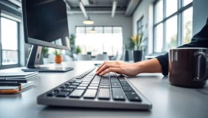 Hands typing in a professional typing center setup, showcasing productivity and efficiency.