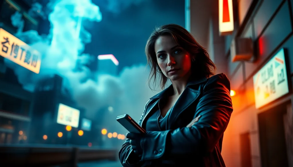 Action thriller author showcasing a strong female character in an urban, suspenseful atmosphere.