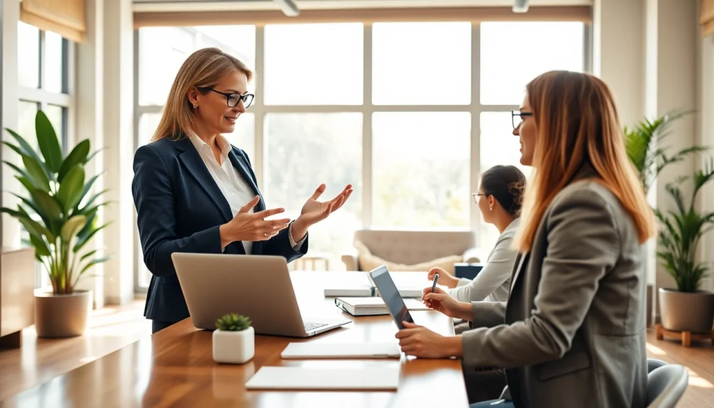 Real Estate professional reviewing listings in an inviting office setting, showcasing a collaborative atmosphere.