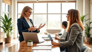 Real Estate professional reviewing listings in an inviting office setting, showcasing a collaborative atmosphere.