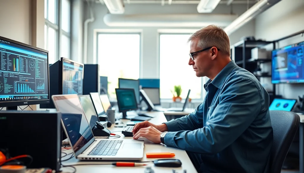 Get expert computer help near me from a technician in a modern tech workspace.