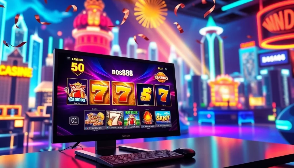 Menggambarkan situs slot bos88 dengan berbagai permainan dan suasana kasino yang menarik
