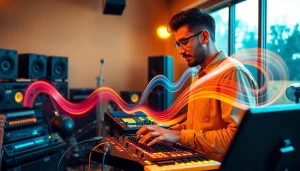 Create stunning music with koralive in a vibrant studio filled with audio equipment.