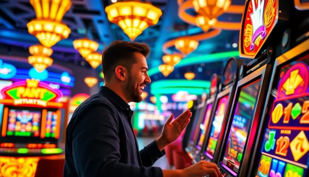 Menampilkan walettoto dengan antusias pemain mesin slot di kasino yang ceria.