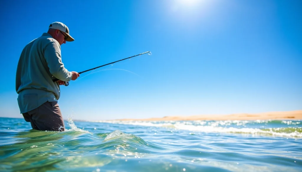 Angler practicing Saltwater fly fishing on a sunny beach with sparkling water.