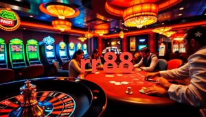 RR88 casino scene with professional gamblers at a poker table and roulette wheel.