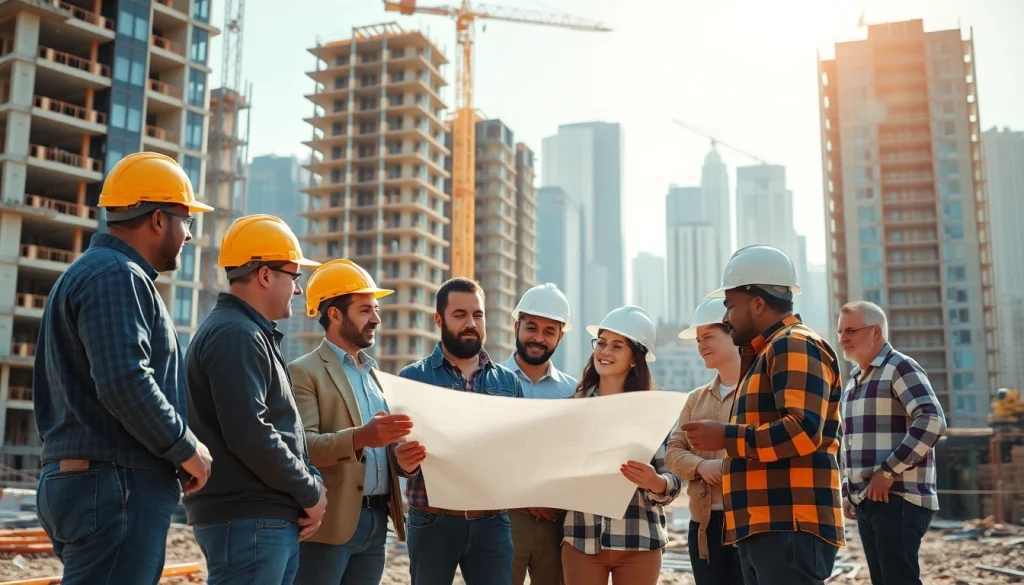 Builders from the Texas association of builders collaborating on a construction project in an urban environment.