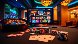 Experience the excitement of rr 88 with vibrant casino elements including poker chips and a roulette wheel.