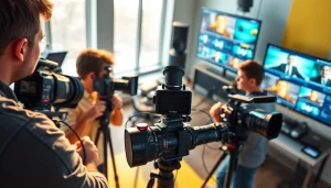 Dynamic video production team collaborating in a modern studio, showcasing expertise as a Creative Video Production Agency.