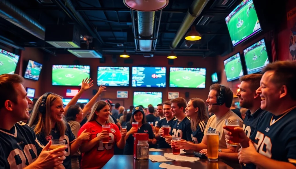 Engaged fans enjoying sports betting South Carolina at a lively bar with games on multiple screens.