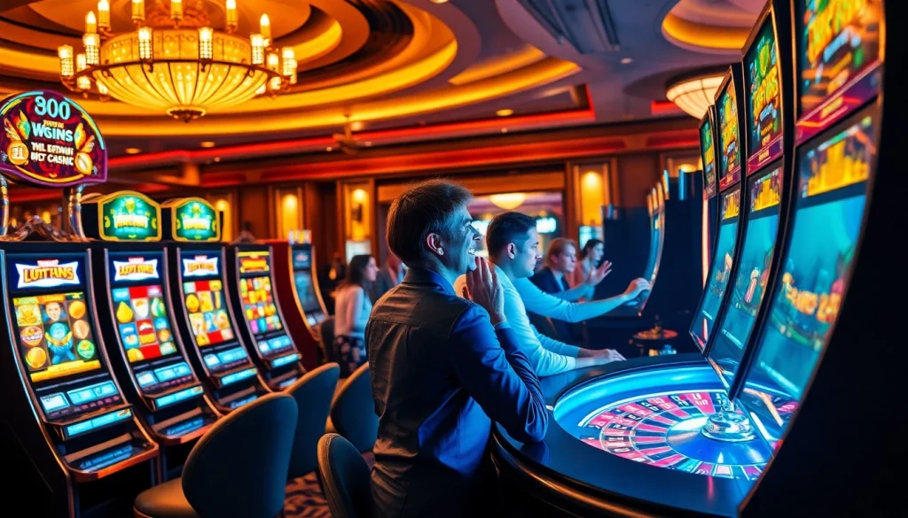 Players engaging with bright slot machines in a vibrant casino, reflecting the lively 슬롯커뮤니티 atmosphere.