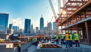 Workers engaging in Austin construction at a vibrant site with cranes and active teamwork.