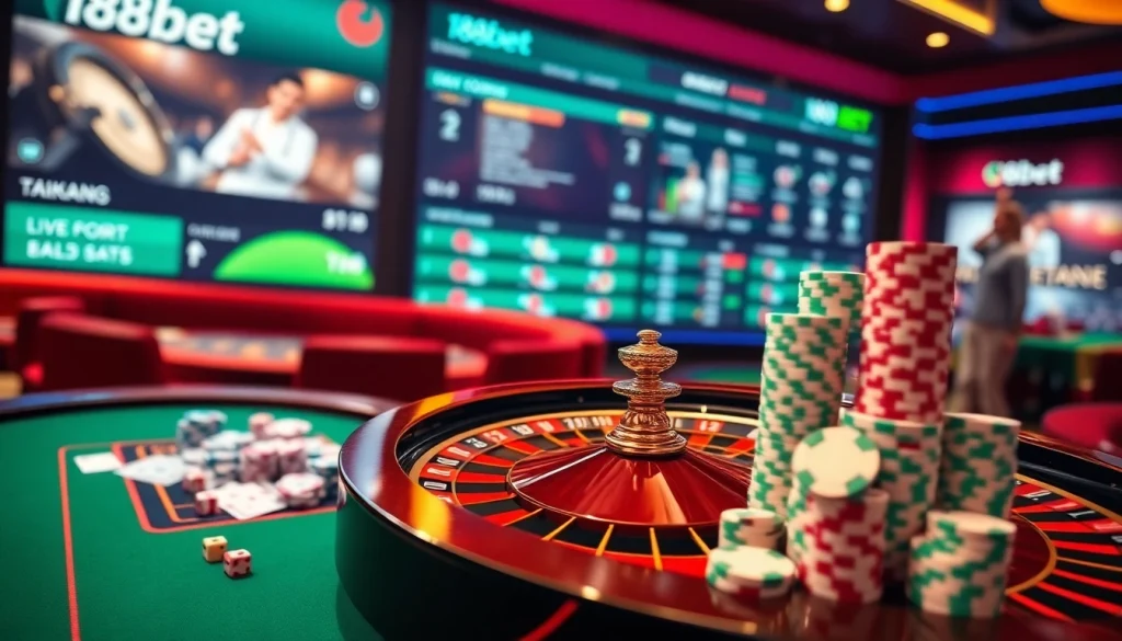 Join the excitement at 188bet with a high-stakes casino gaming experience featuring poker chips and a roulette wheel.
