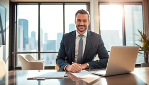 Engaged real estate lawyer advising clients in a modern office setting.