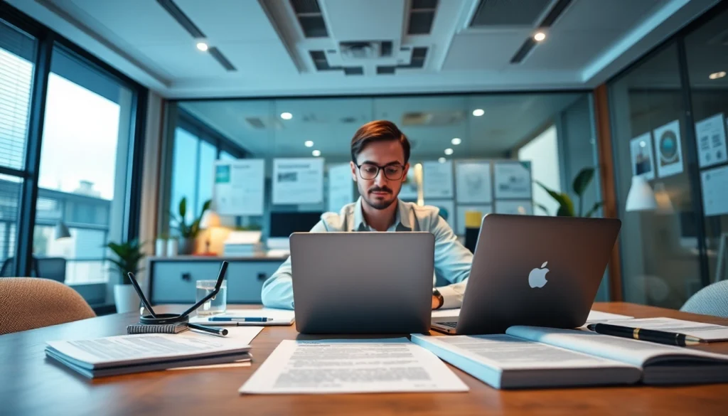 Certified translation service office scene emphasizing trust in tradução juramentada.