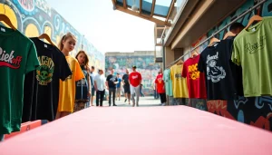 Stylish individuals showcasing RageOff t-shirts against vibrant street art.