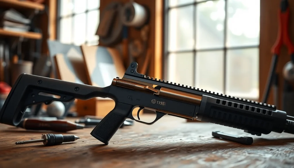 Examine the detailed AR 15 trigger against a workbench backdrop featuring tools.