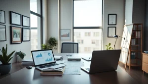 Biuro rachunkowe dla firmy budowlanej w profesjonalnym miejscu pracy z narzędziami księgowymi.