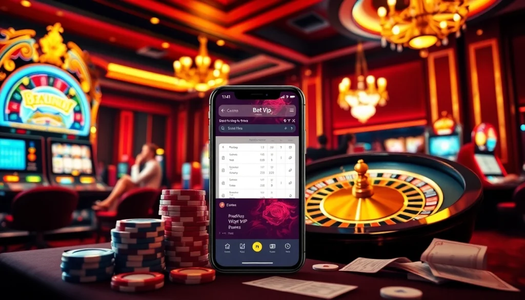 Trải nghiệm sự náo nhiệt của ứng dụng Bet VIP giữa những hình ảnh casino sống động với các chip poker và bánh xe roulette.