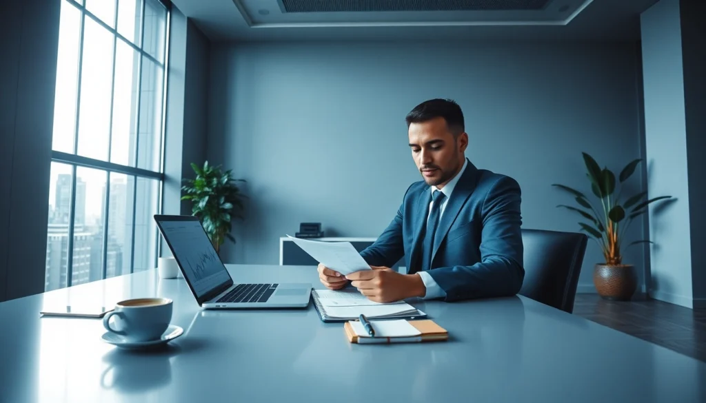 BOX138 financial success depicted in a modern office setting with a professional analyzing documents.