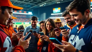 Engaged fans participating in sports betting Texas, showcasing apps on smartphones amidst a vibrant stadium.